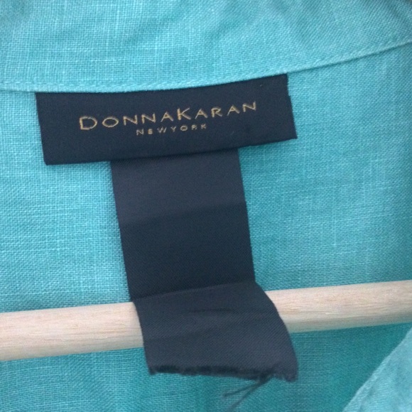 Donna Karan Shirt Large Linen Button Up Blues Teal Navy - Picture 2 of 12